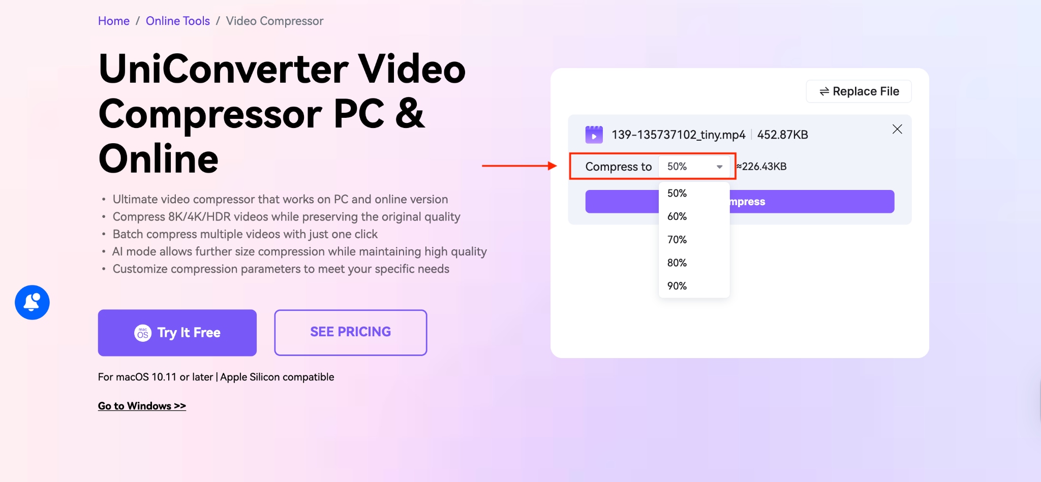 wondershare uniconverter online compress to