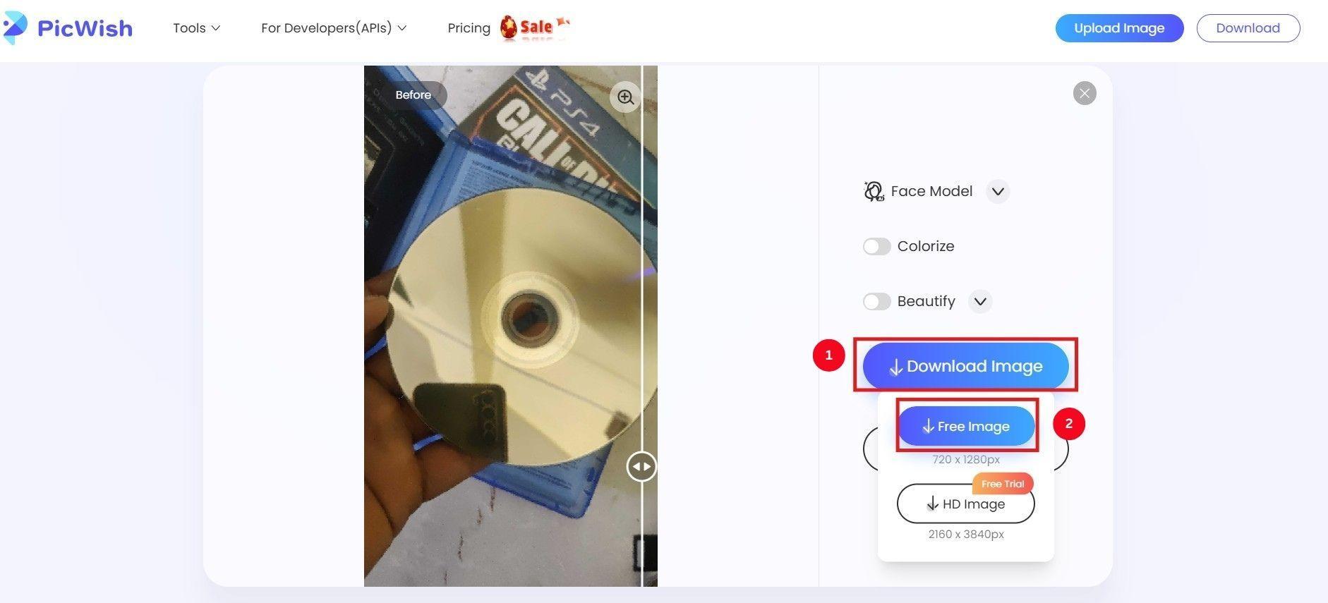 PicWish Export – entpixeltes Bild online speichern
