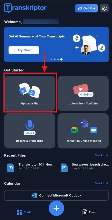 transkriptor upload audio file
