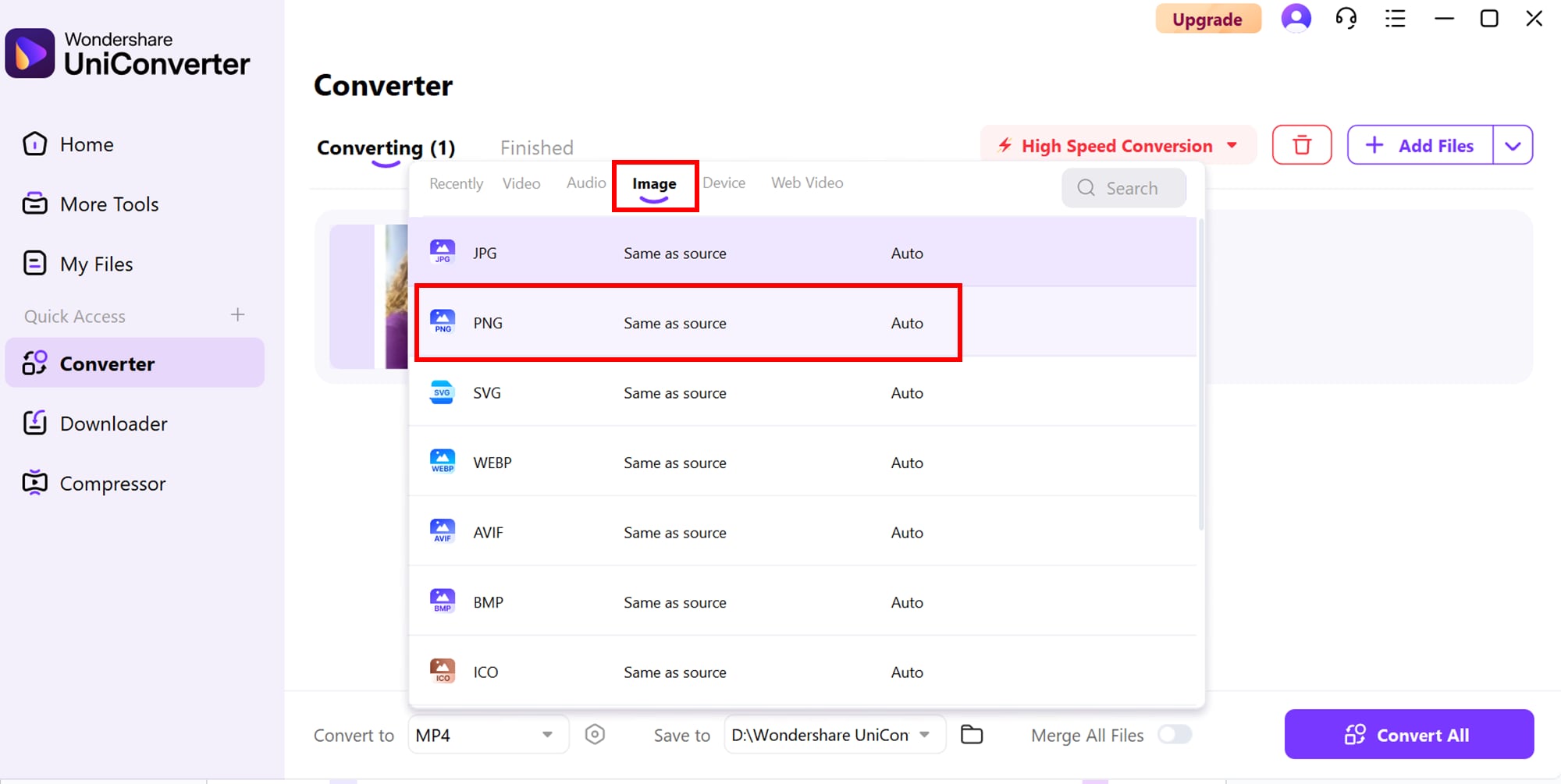 PNG als Zielformat auswählen (HEIC zu PNG)