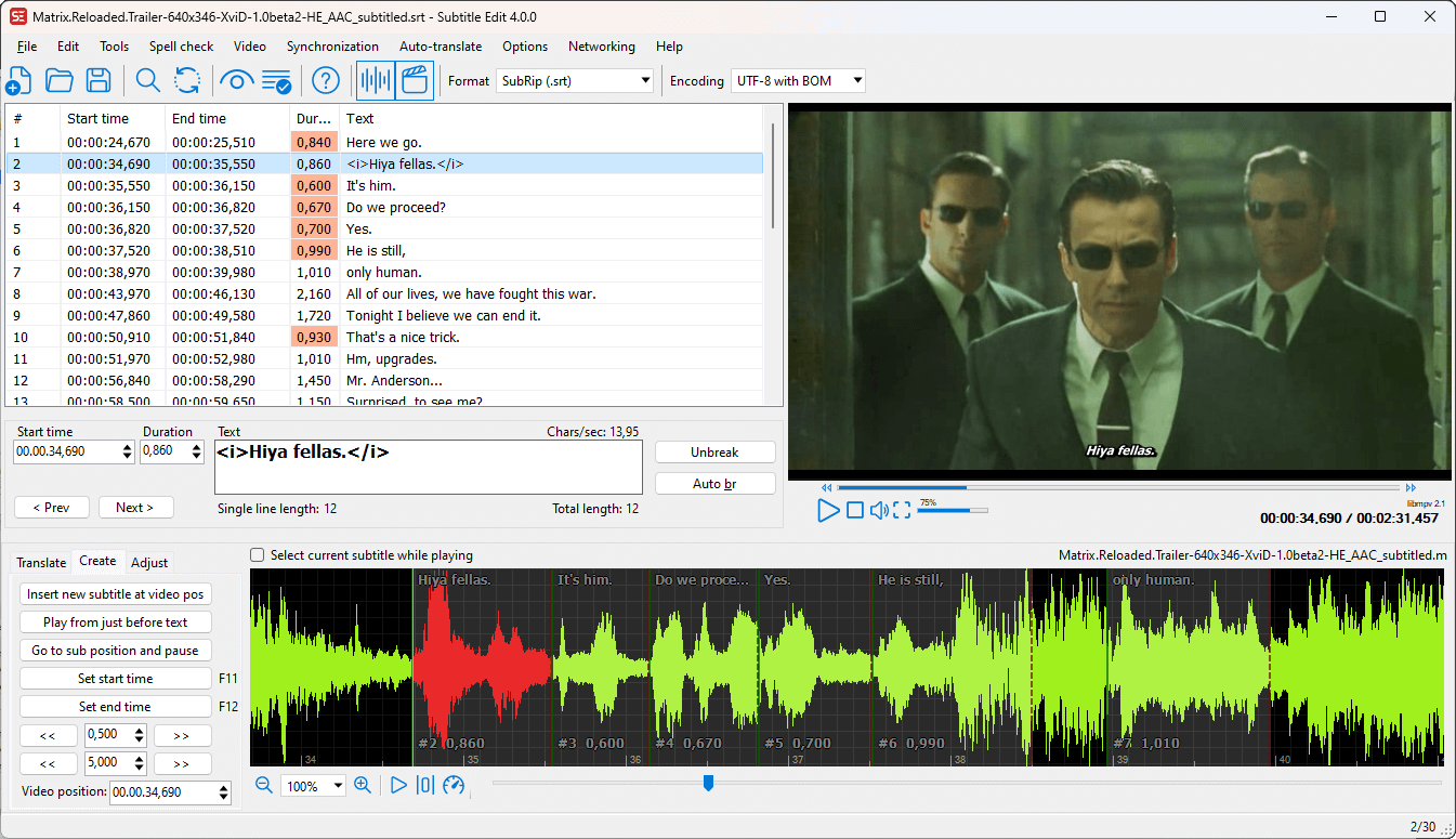subtitle edit interface
