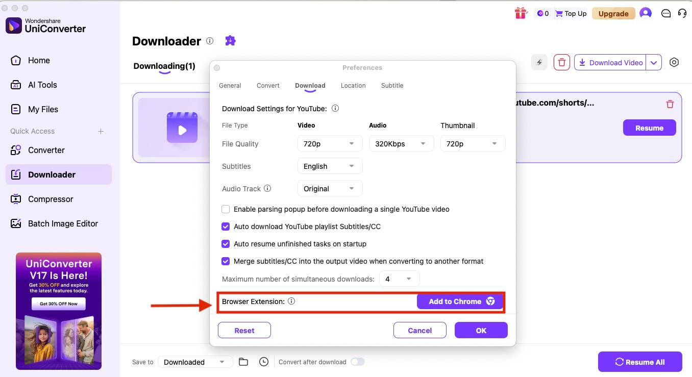 wondershare uniconverter add chrome extension