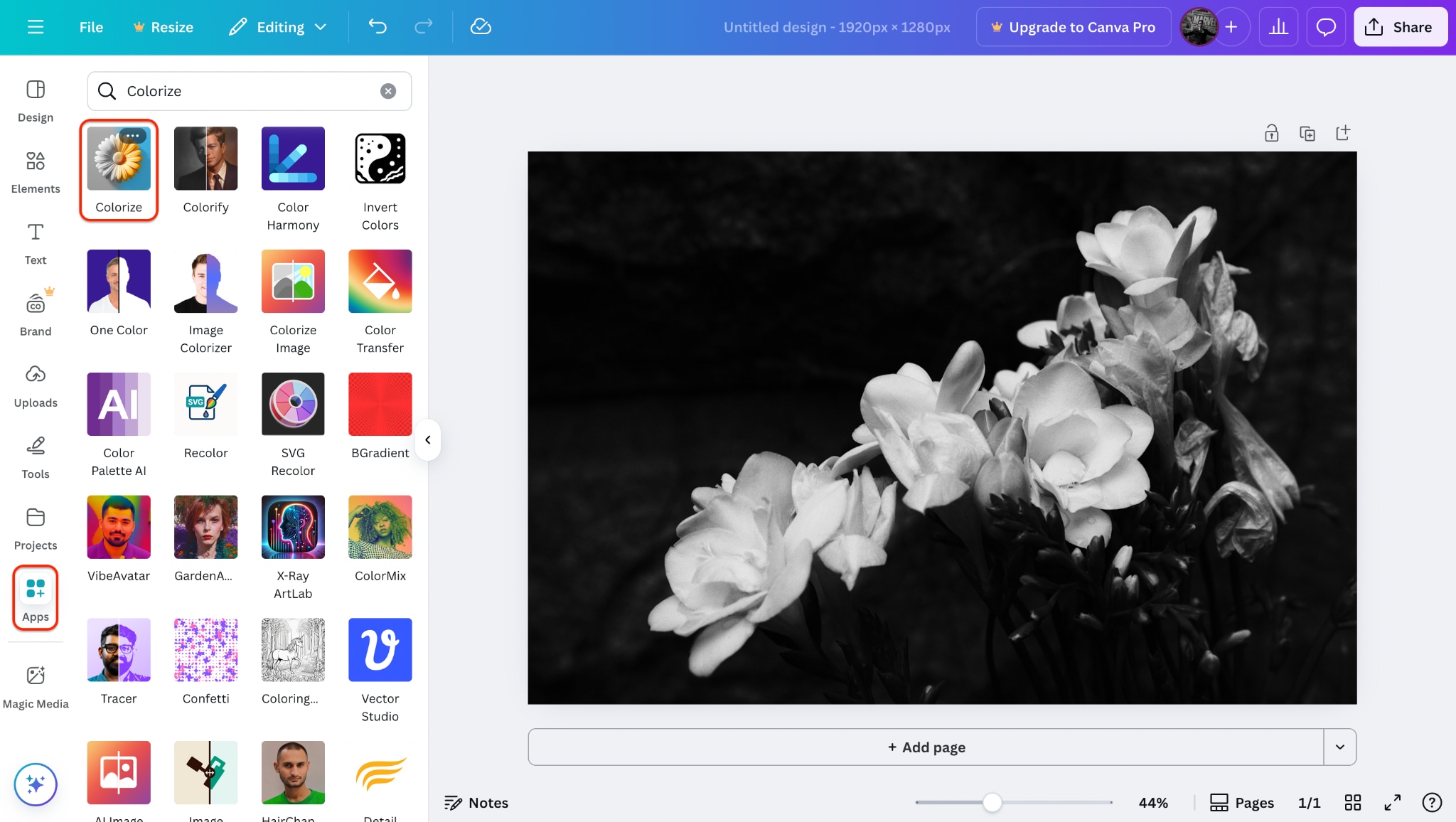 go to apps and select colorize