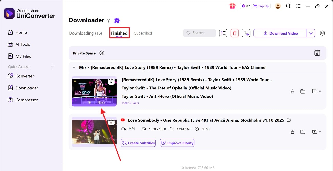 access downloaded videos in finished tab