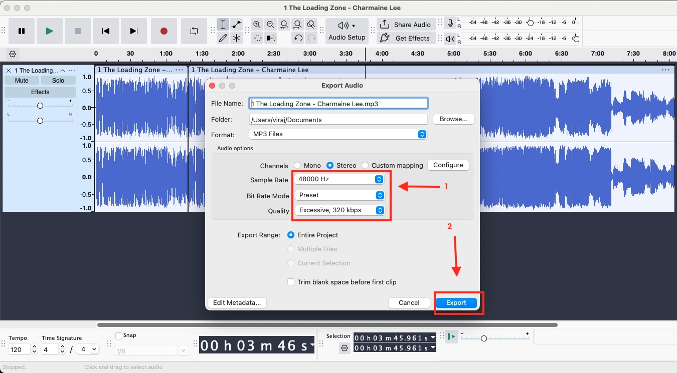 audacity export audio in mp3