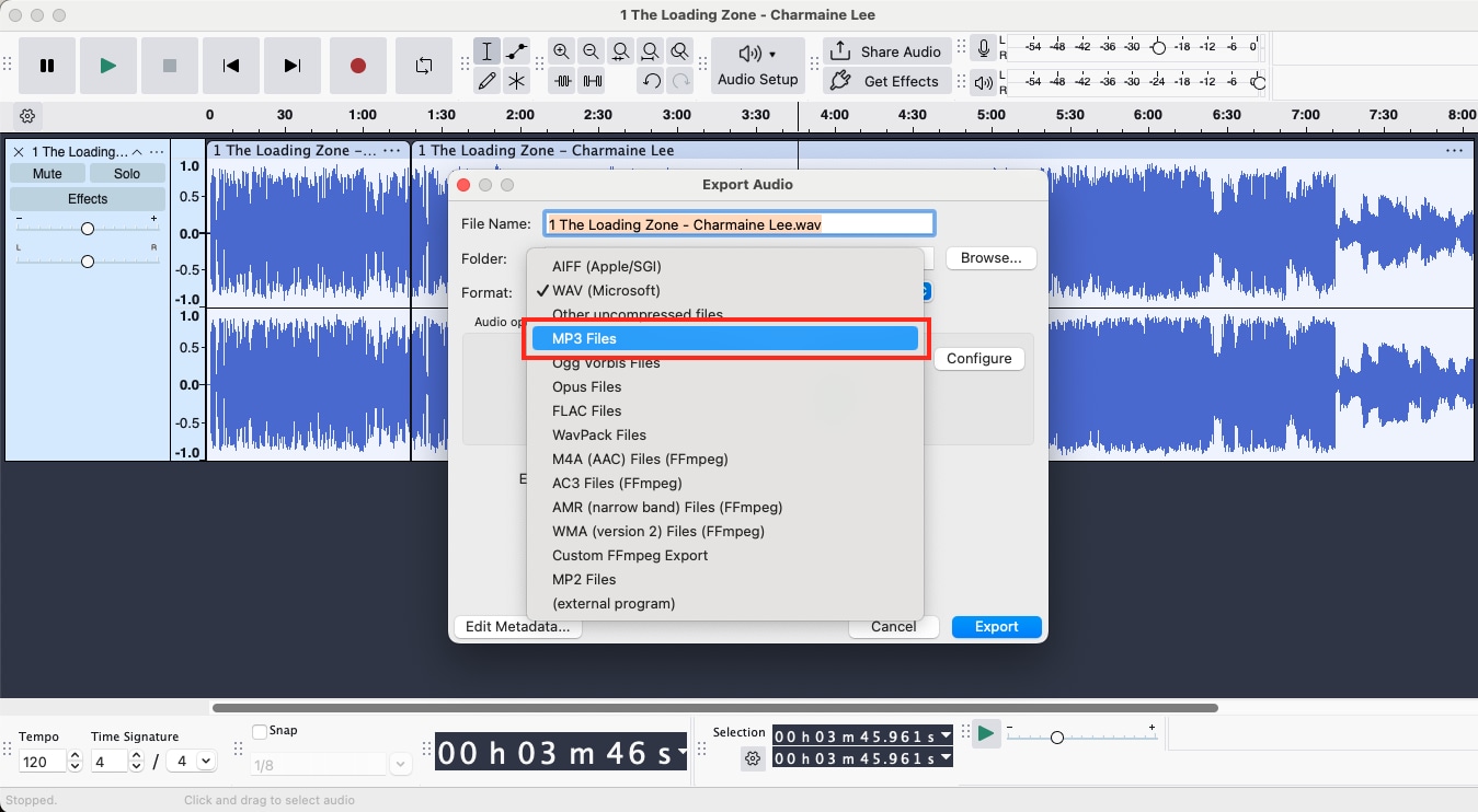 audacity select mp3