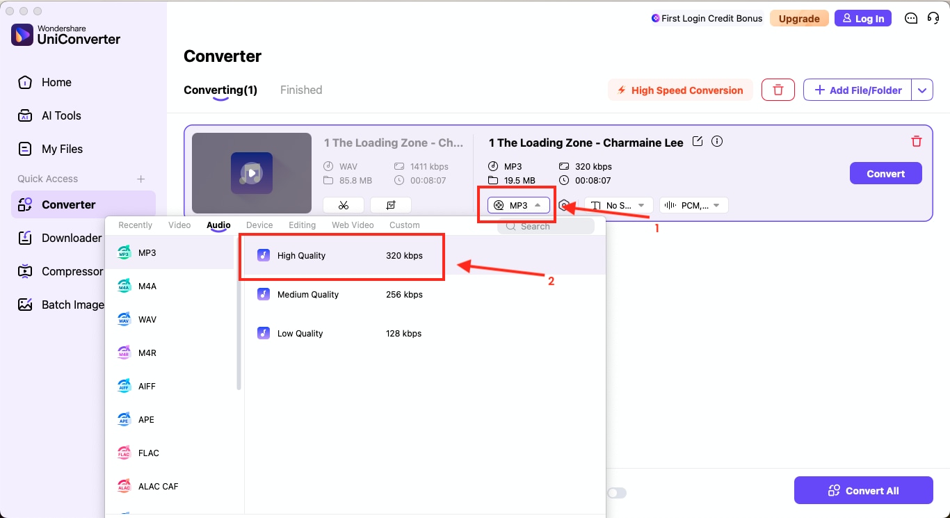 wondershare uniconverter set audio quality