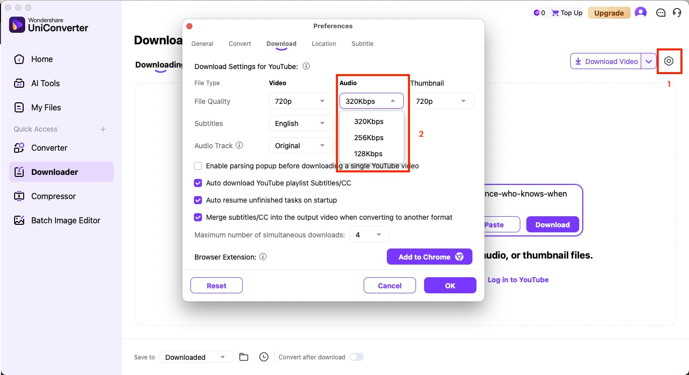 wondershare uniconverter downloading settings