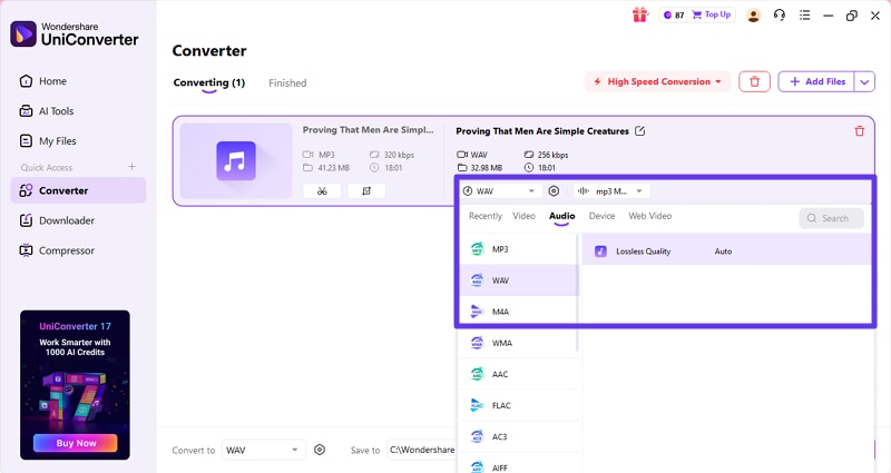 choose audio format for conversion