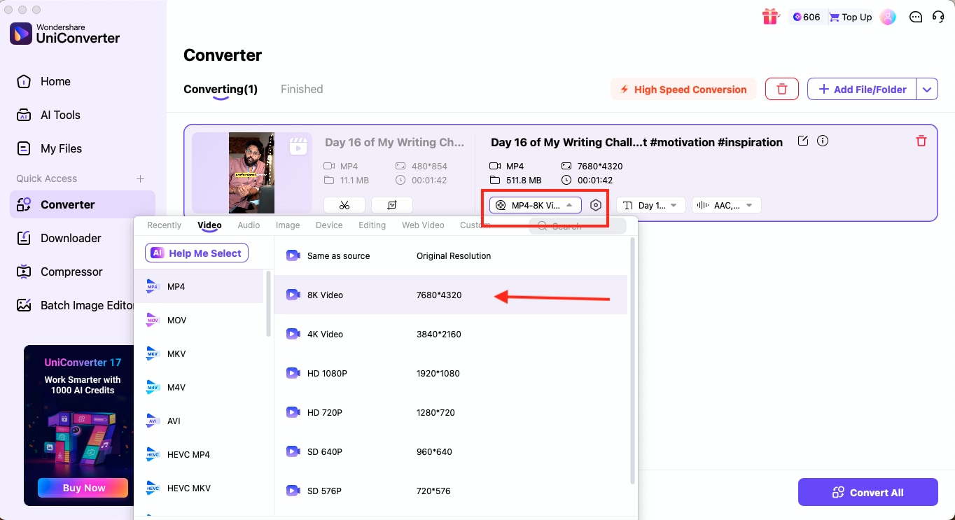 wondershare uniconverter convert youtube shorts to 8k mp4