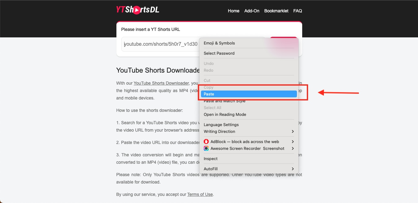 ytshortsdl paste link