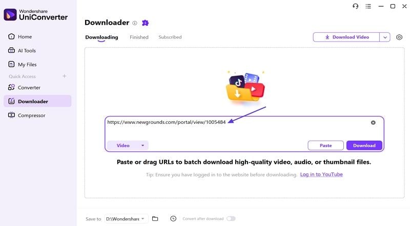 paste newgrounds video link uniconverter