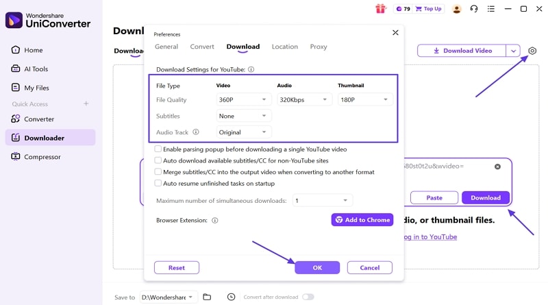 adjust download preferences uniconverter