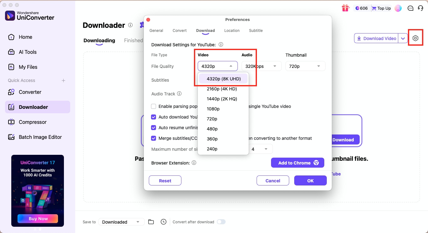 wondershare uniconverter adjust download settings