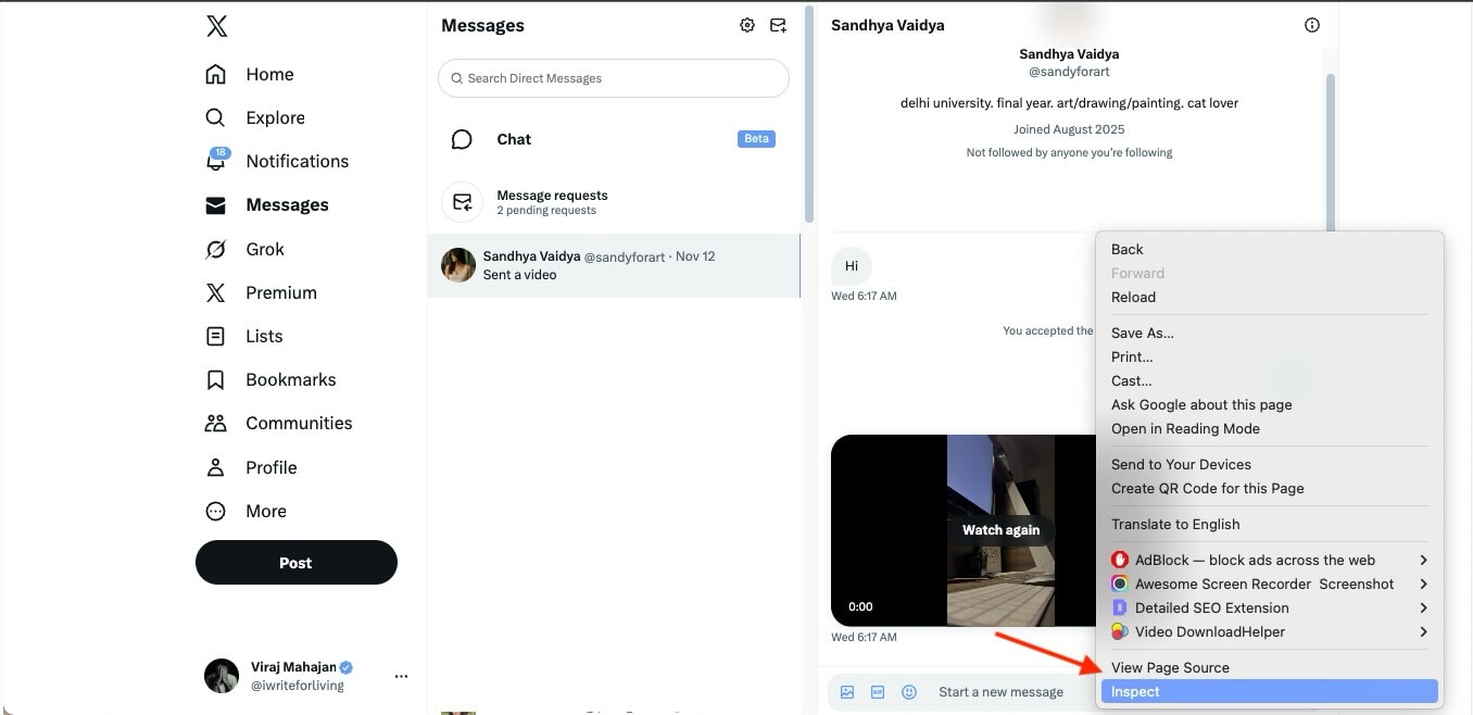  inspect twitter dm video link