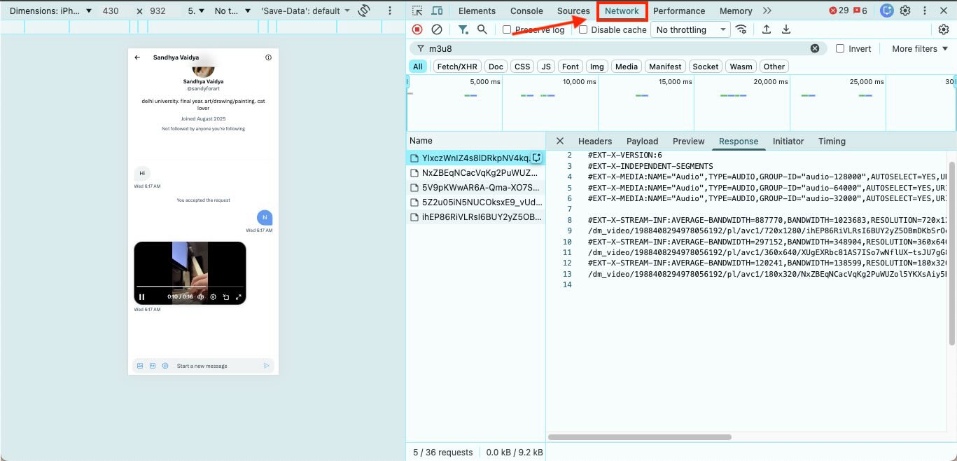 search for m3u8 under network tab