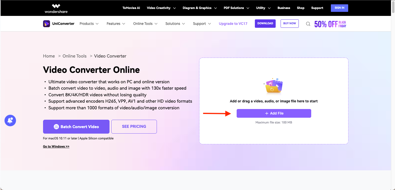 wondershare uniconverter online add file