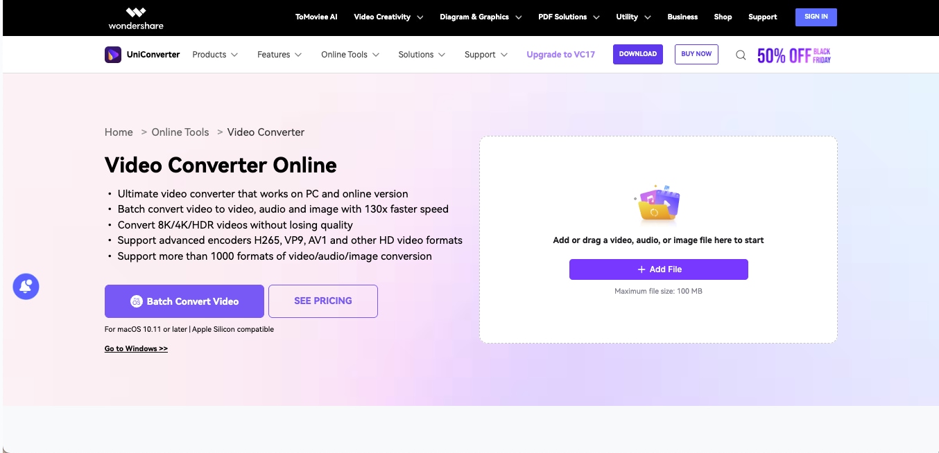 wondershare uniconverter online homepage