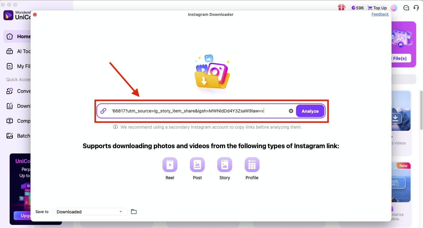 wondershare uniconverter paste story link