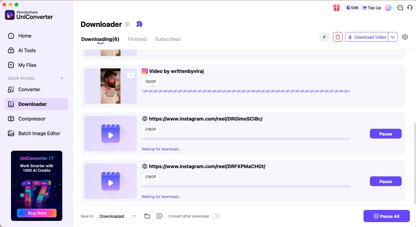 wondershare uniconverter batch download ig reels in 4k