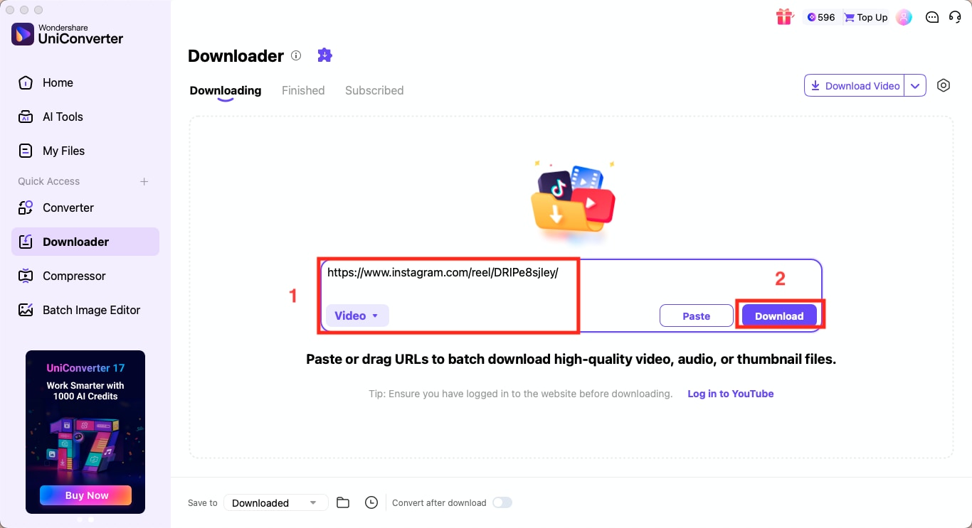wondershare uniconverter paste instagram reel link