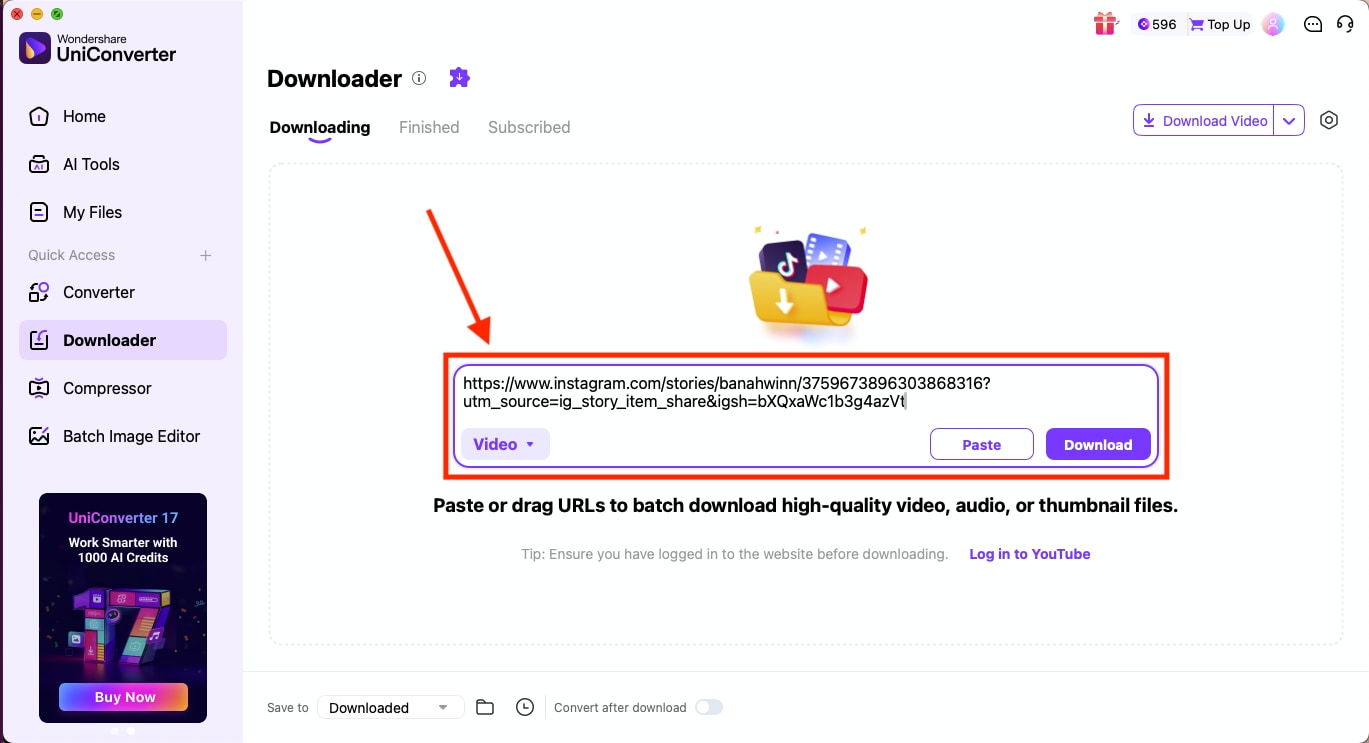 wondershare uniconverter paste link