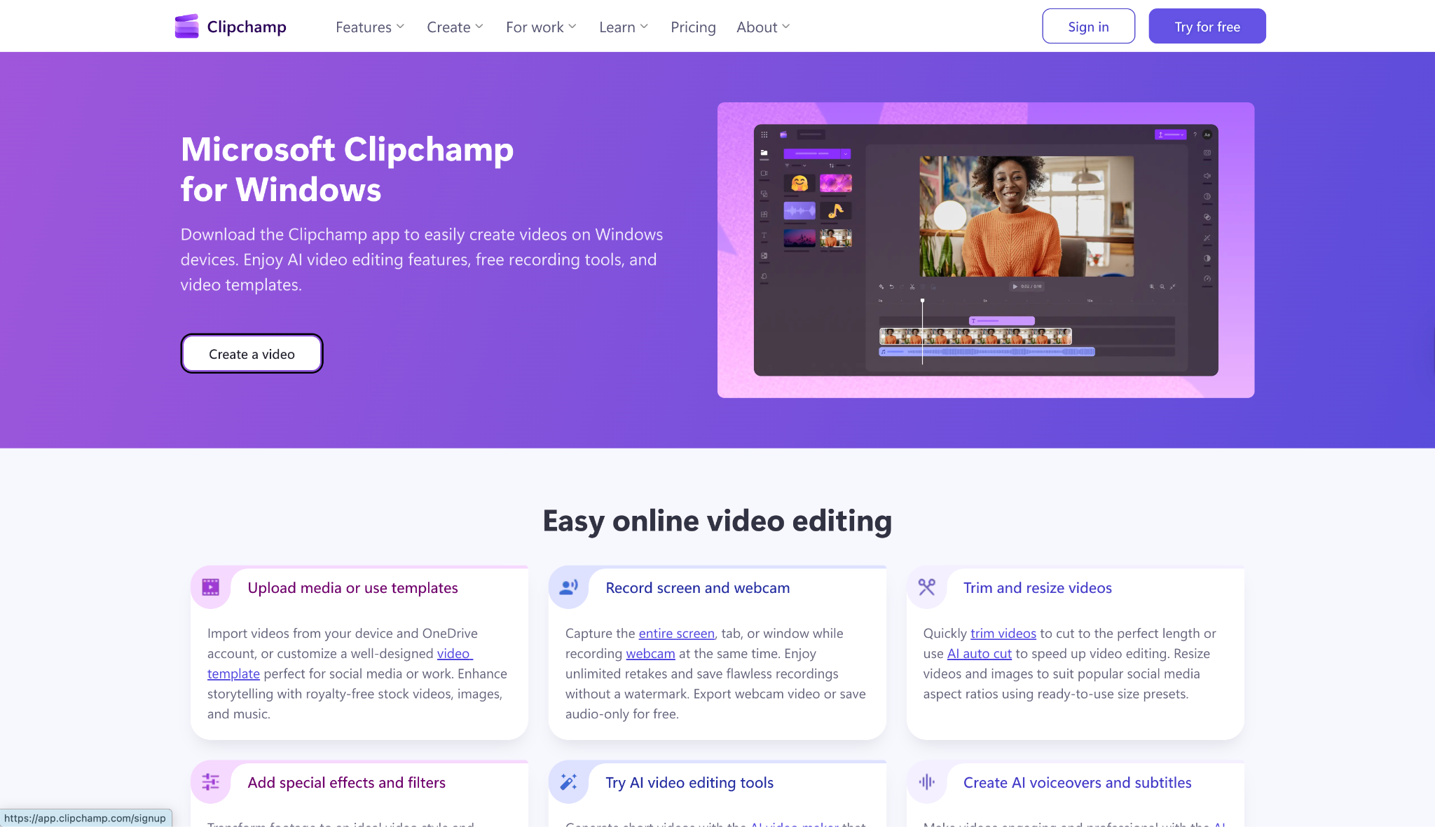microsoft clipchamp homepage