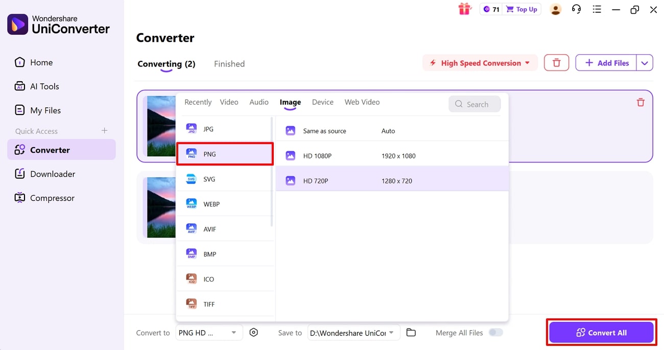 select png format to convert file