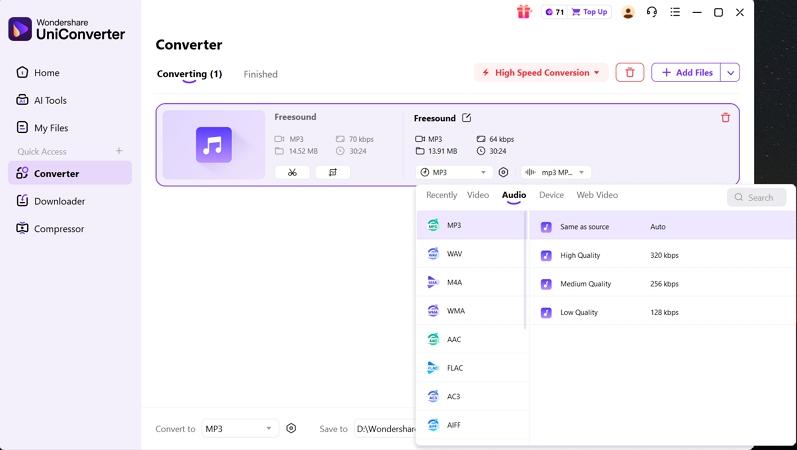 use uniconverter convert downloaded audio