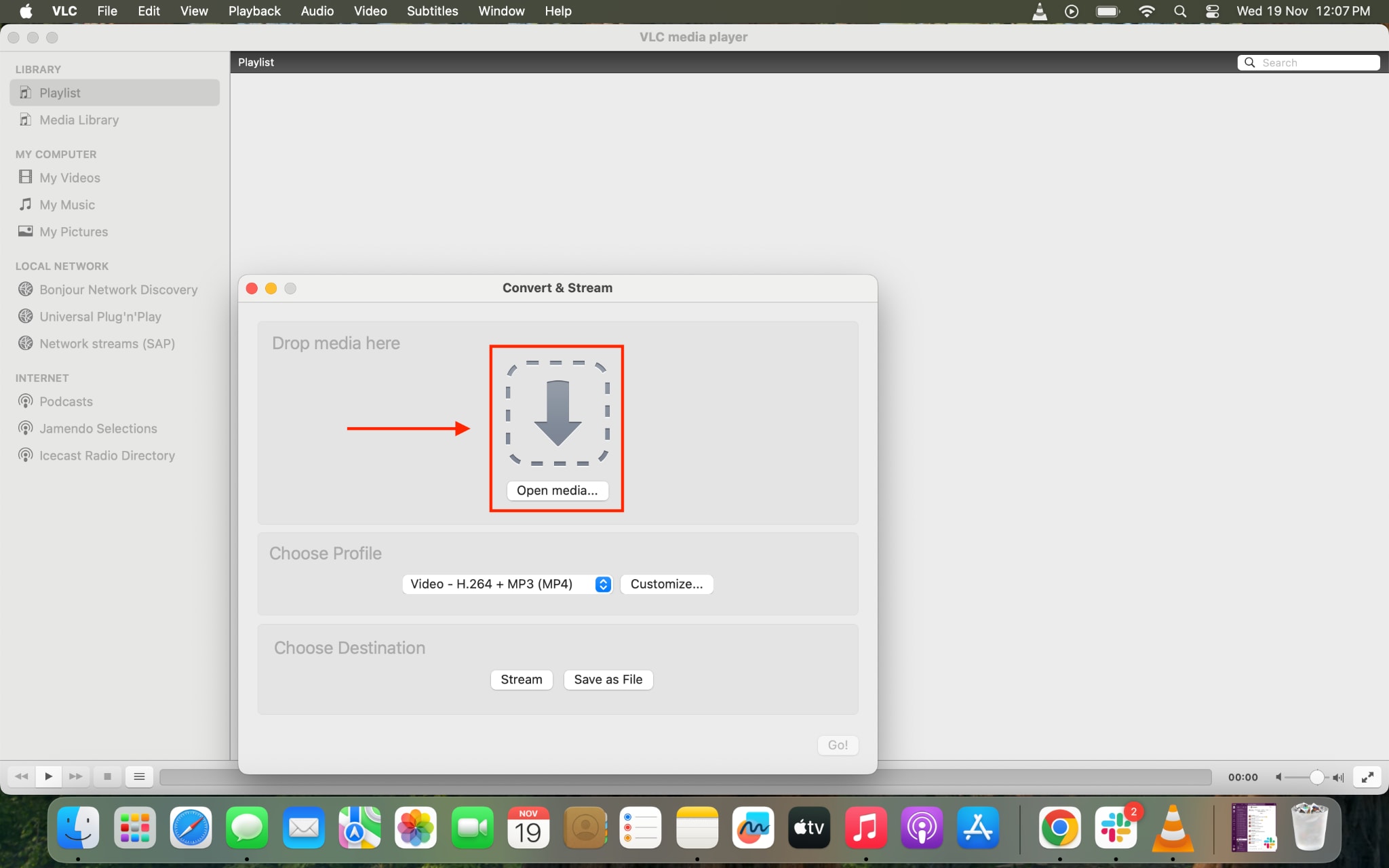 vlc media player open media
