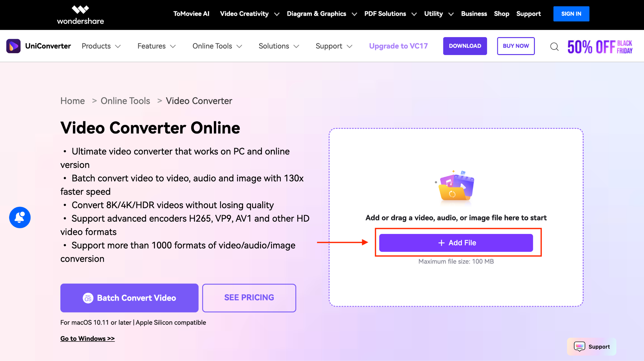 wondershare uniconverter online homepage