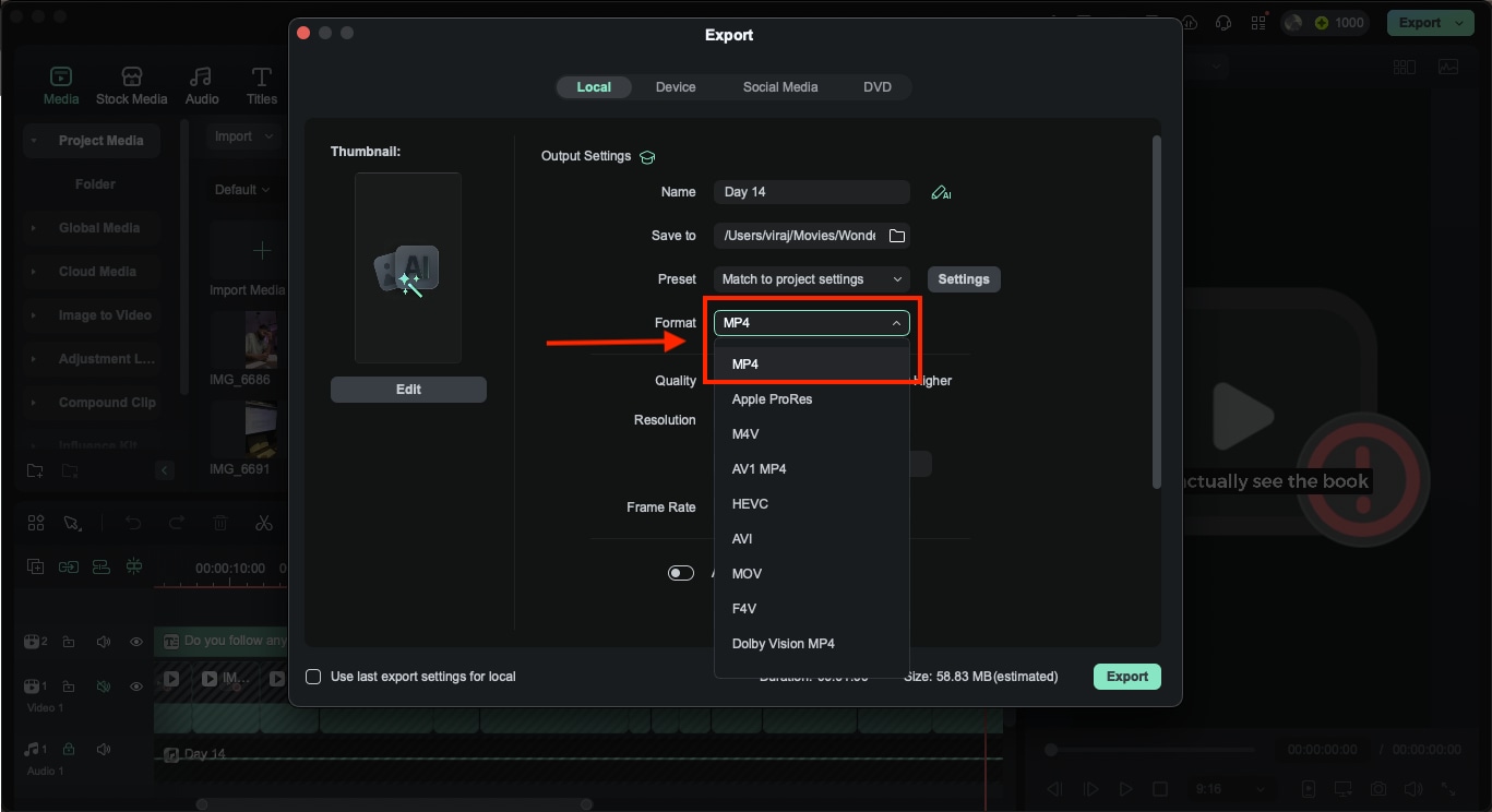 wondershare filmora select mp4