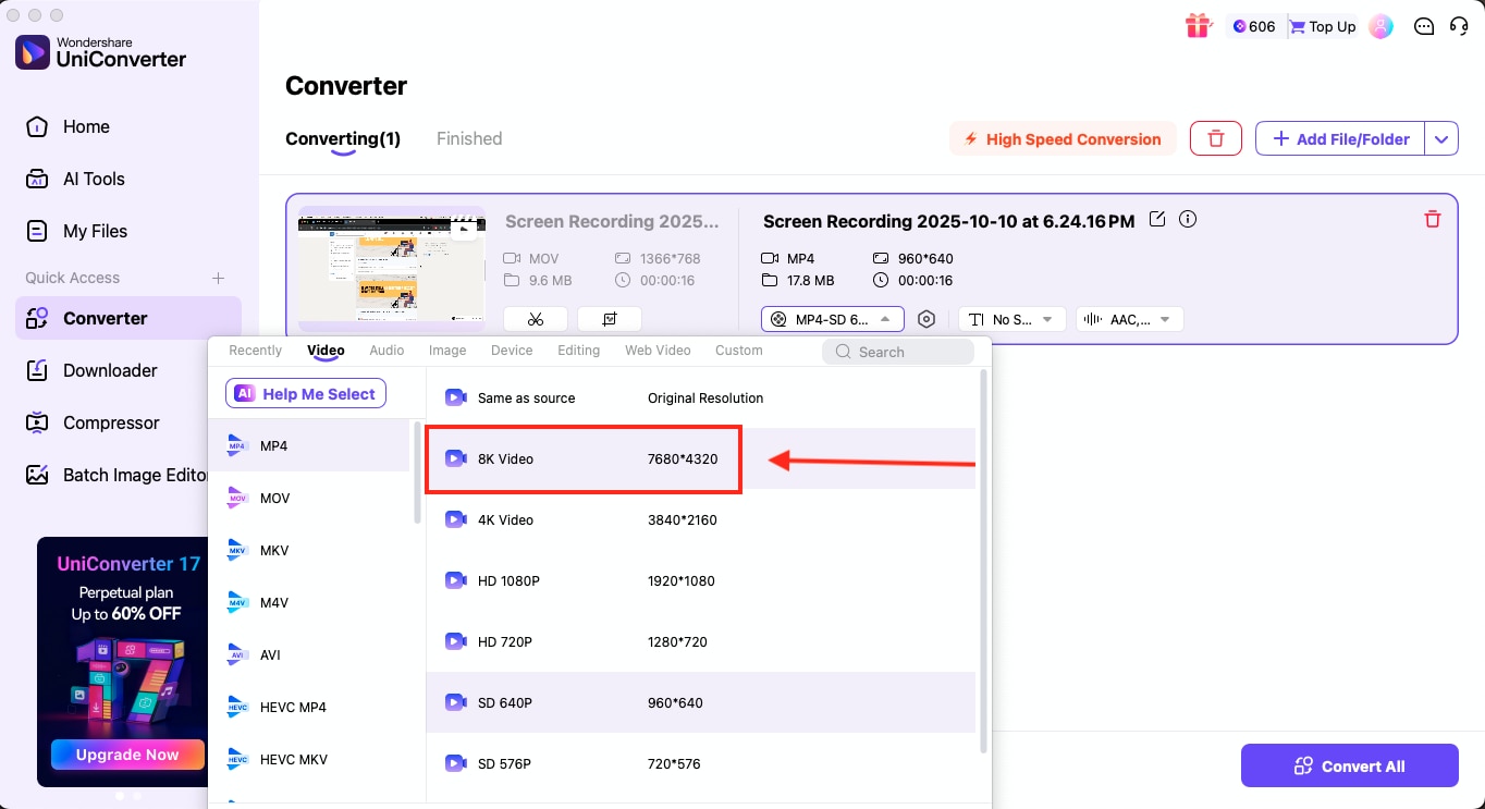 wondershare uniconverter choose mp4