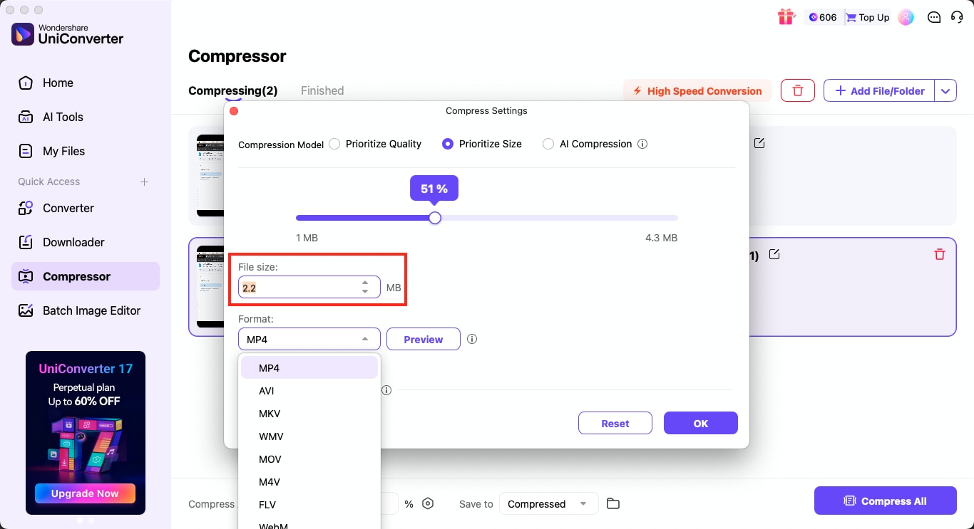 wondershare uniconverter open compressor