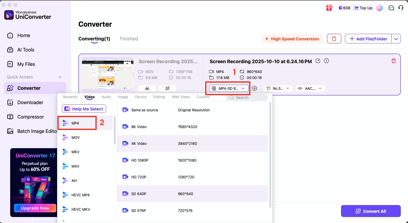 wondershare uniconverter select mp4