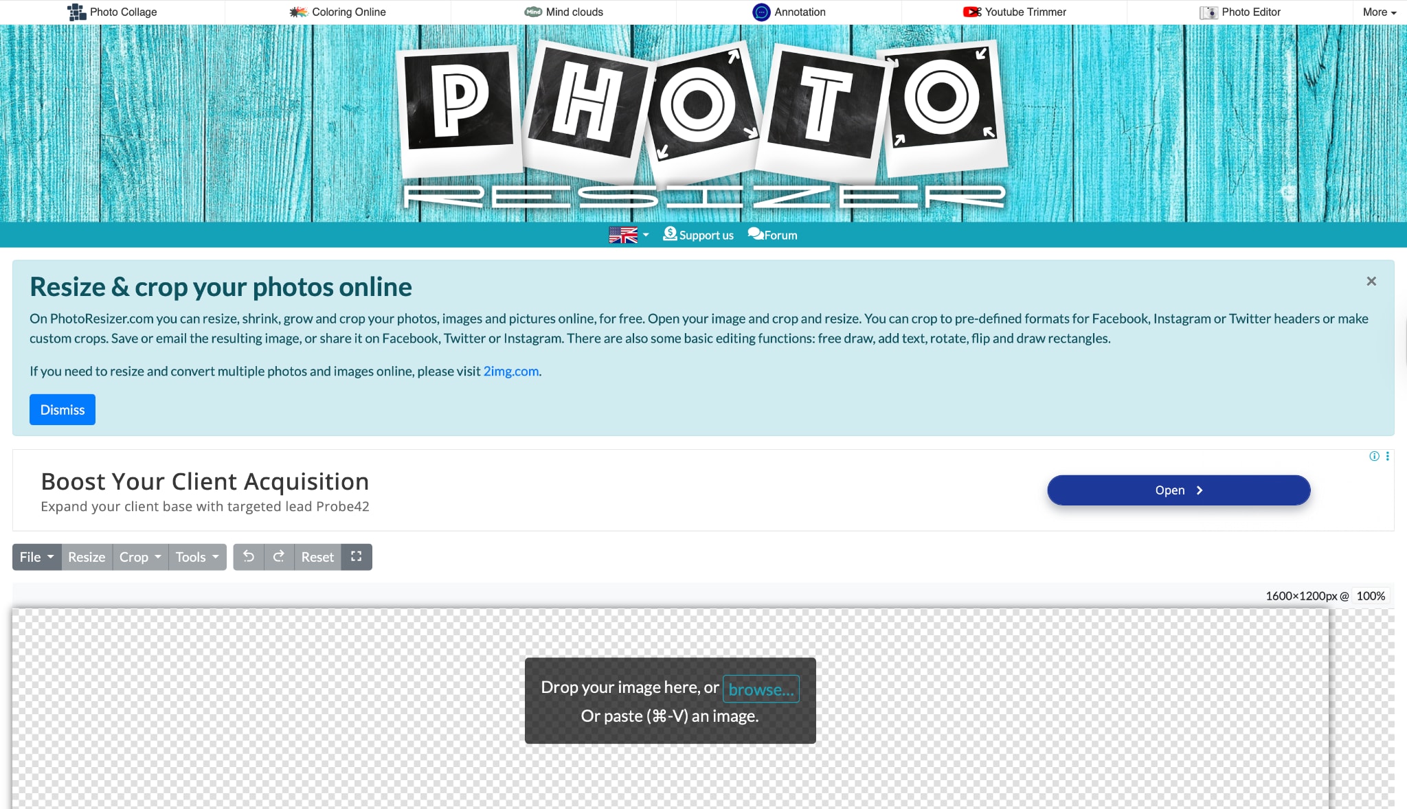 photo resize .com homepage