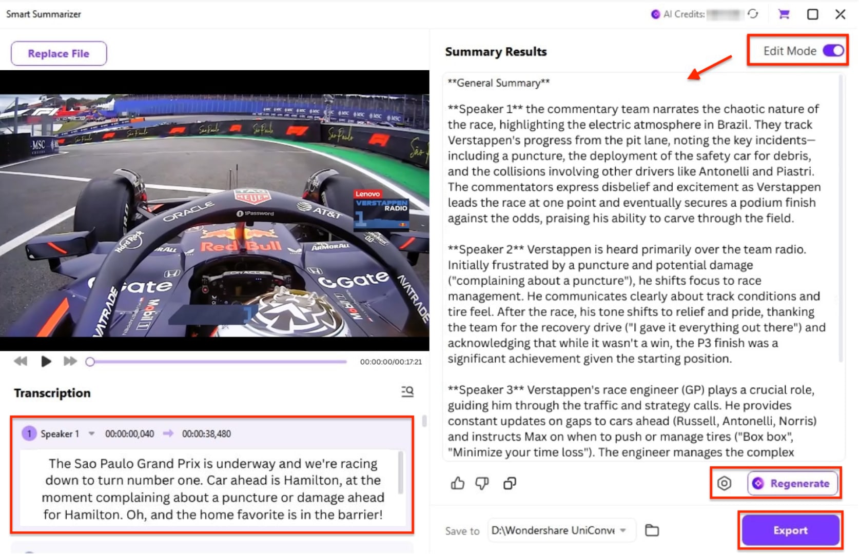 export youtube transcript with speaker tag and summary