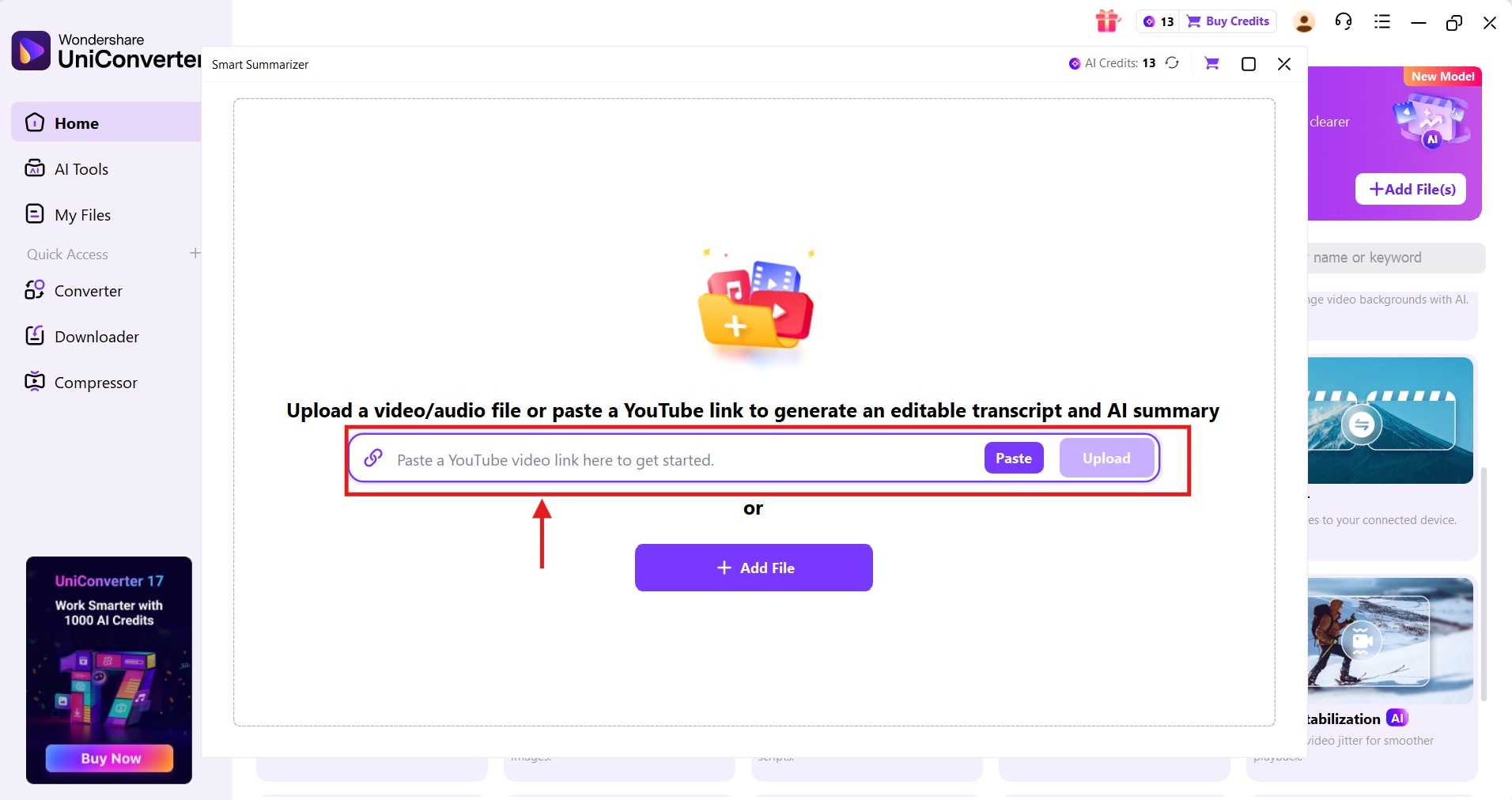wondershare uniconverter add youtube links