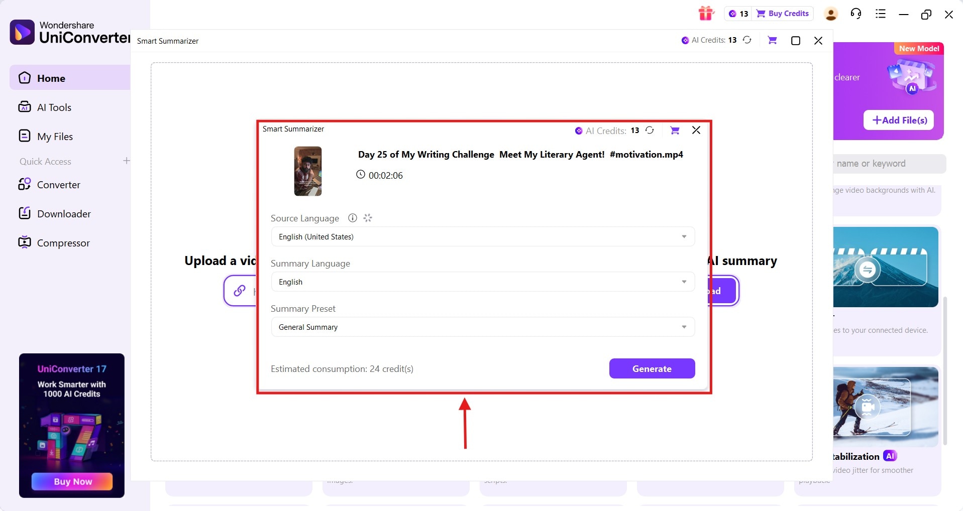 wondershare uniconverter select summary type