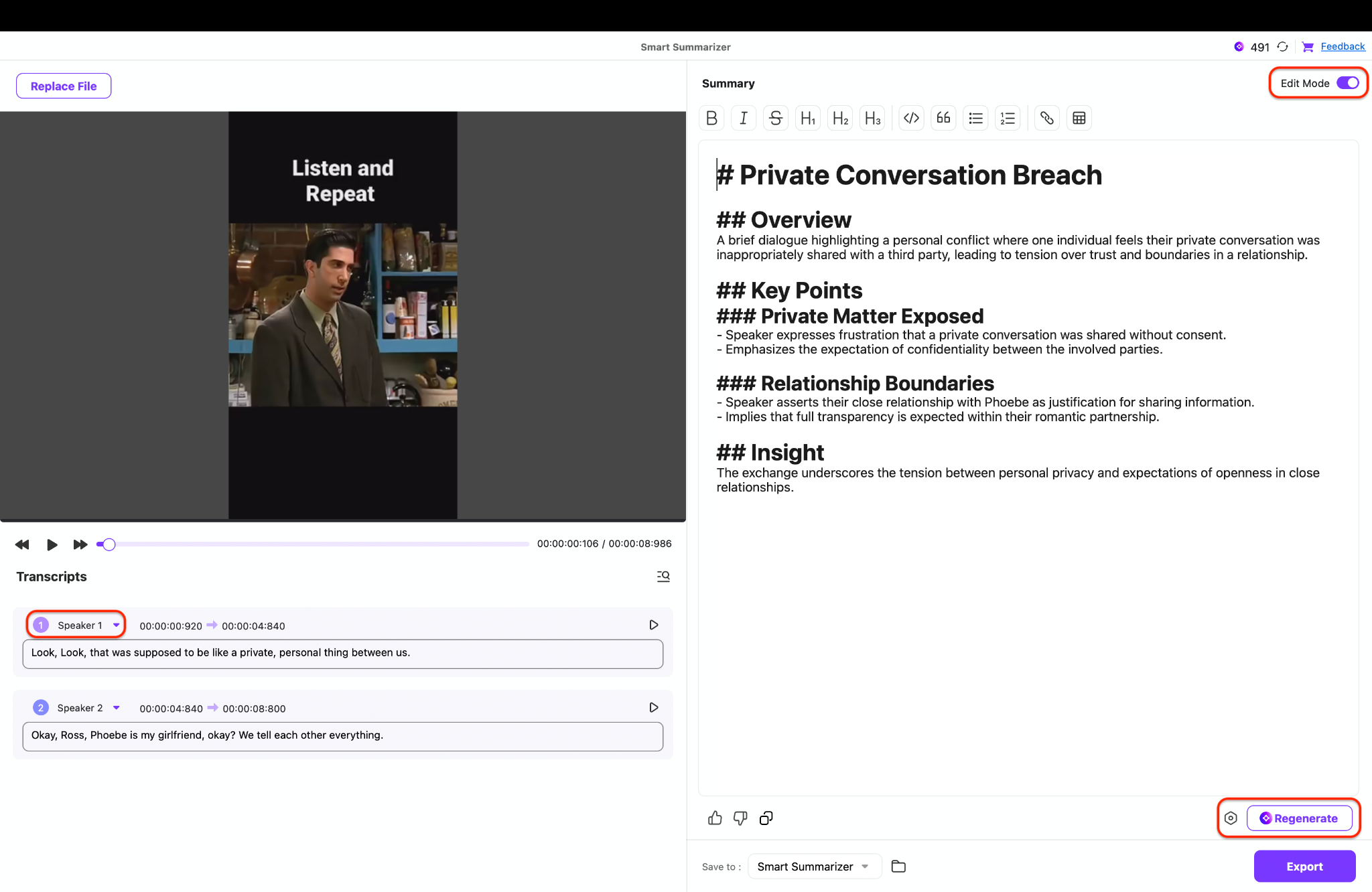 toggle the edit mode to edit transcript and video summary