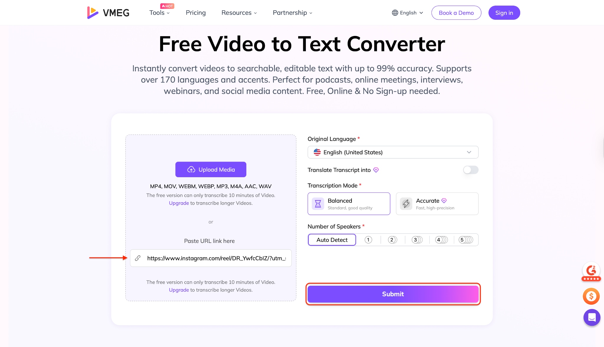 paste the link and click the submit button