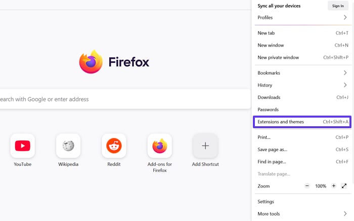 select extension option in firefox