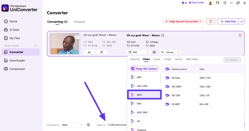 select output format youtube download to mov