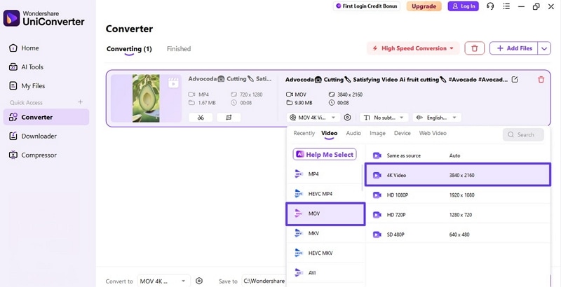 use uniconverter to convert youtube to mov 4k
