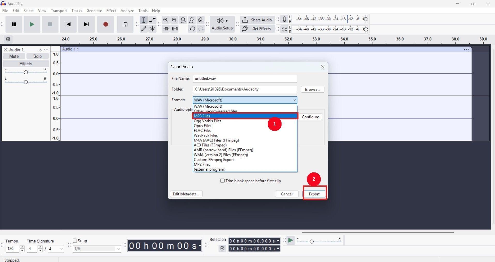 audacity select format and export