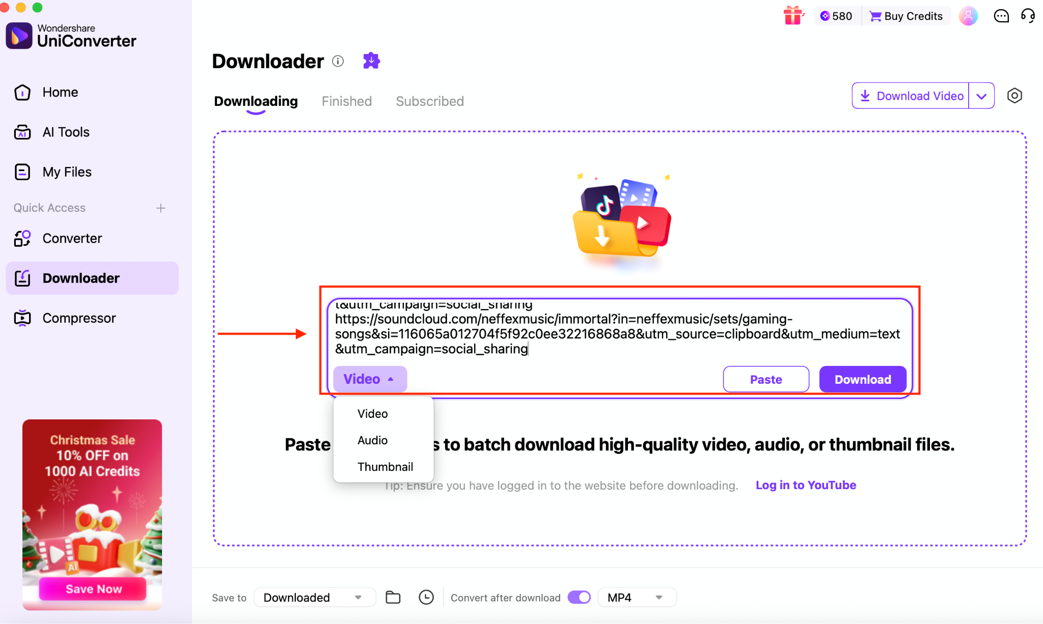 wondershare uniconverter paste link