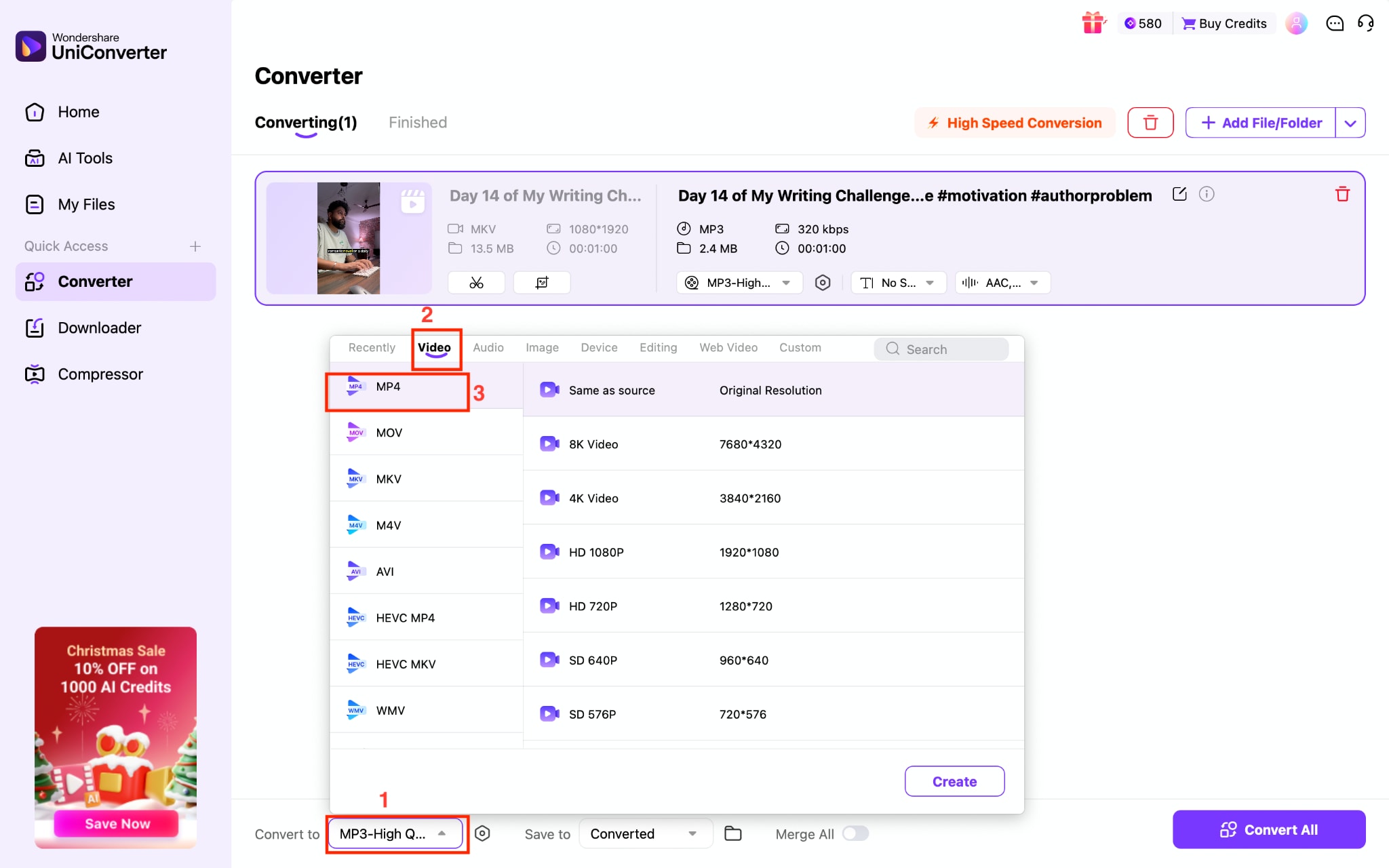 wondershare uniconverter choose mp4