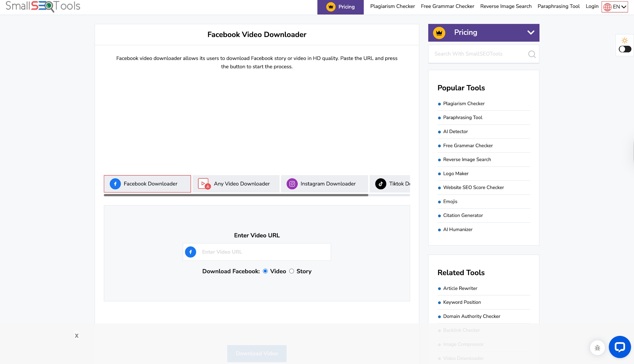 smallseotool facebook downloader interface