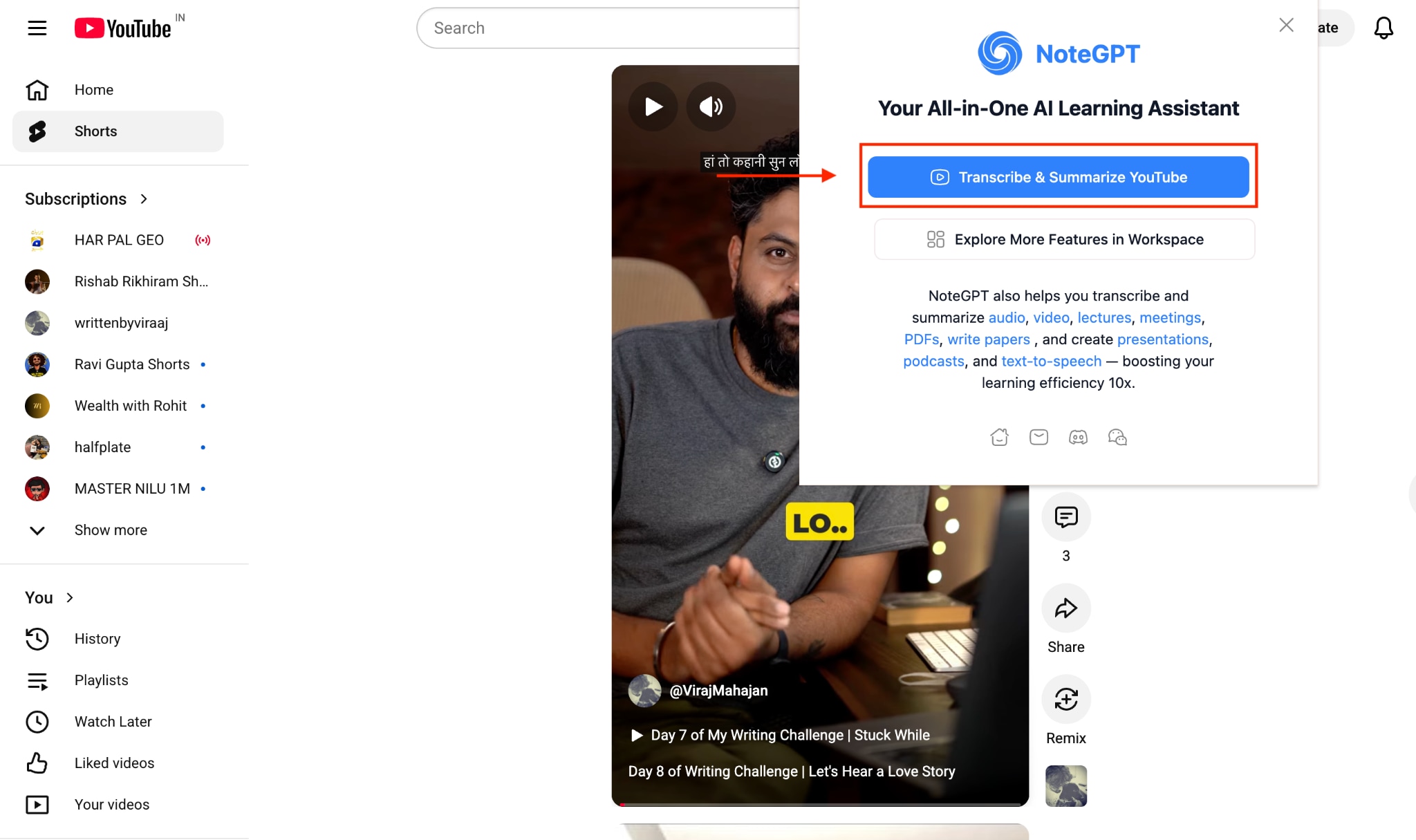 notegpt chrome extension summarize youtube