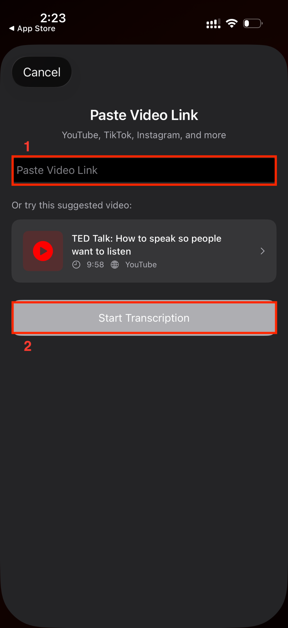 vidnotes start transcription